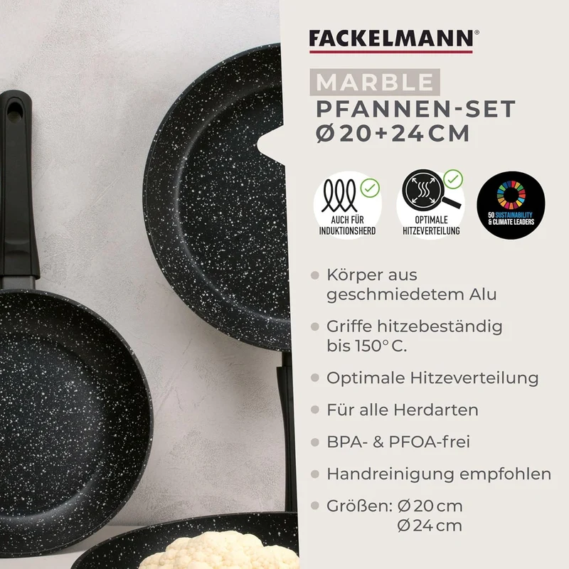 Fackelmann Bratpfannen Set Marble 20 cm & 24 cm, Antihaft-Pfannen aus 90% recyceltem Aluminium mit e