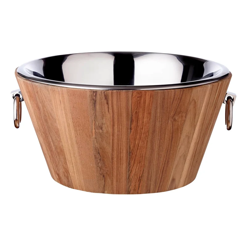 EDZARD Champagnerkühler Santiago (Ø 46 cm, Höhe 23 cm) Teakholz, Edelstahl hochglanzpoliert, mit Gri
