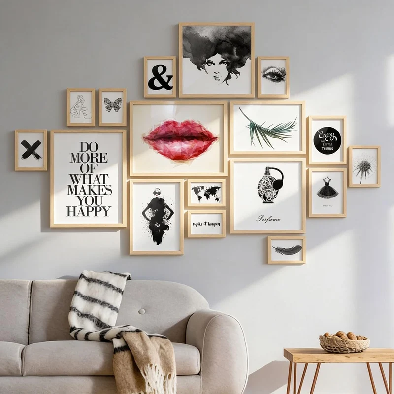 PHOTOLINI Bilderrahmen-Set MDF-Holz Natur, 17er Rahmenset Posterrahmen, bruchsicheres Acrylglas, zum