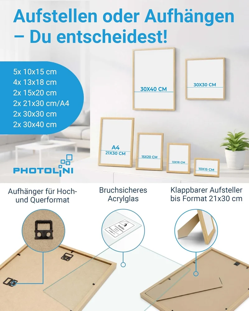 PHOTOLINI Bilderrahmen-Set MDF-Holz Natur, 17er Rahmenset Posterrahmen, bruchsicheres Acrylglas, zum