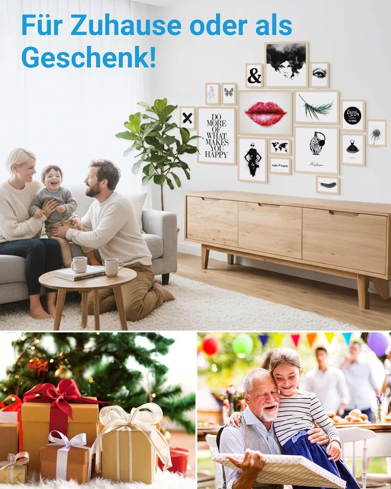 PHOTOLINI Bilderrahmen-Set MDF-Holz Natur, 17er Rahmenset Posterrahmen, bruchsicheres Acrylglas, zum