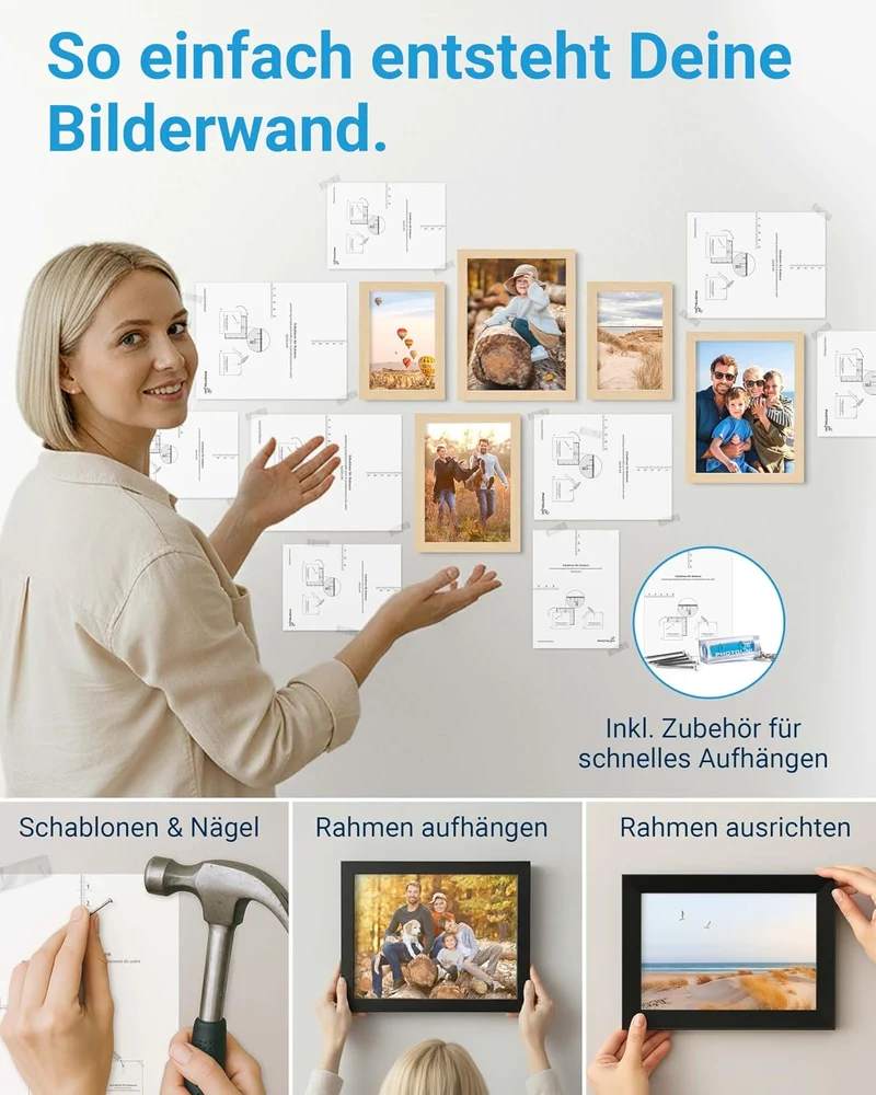 PHOTOLINI Bilderrahmen-Set MDF-Holz Natur, 17er Rahmenset Posterrahmen, bruchsicheres Acrylglas, zum