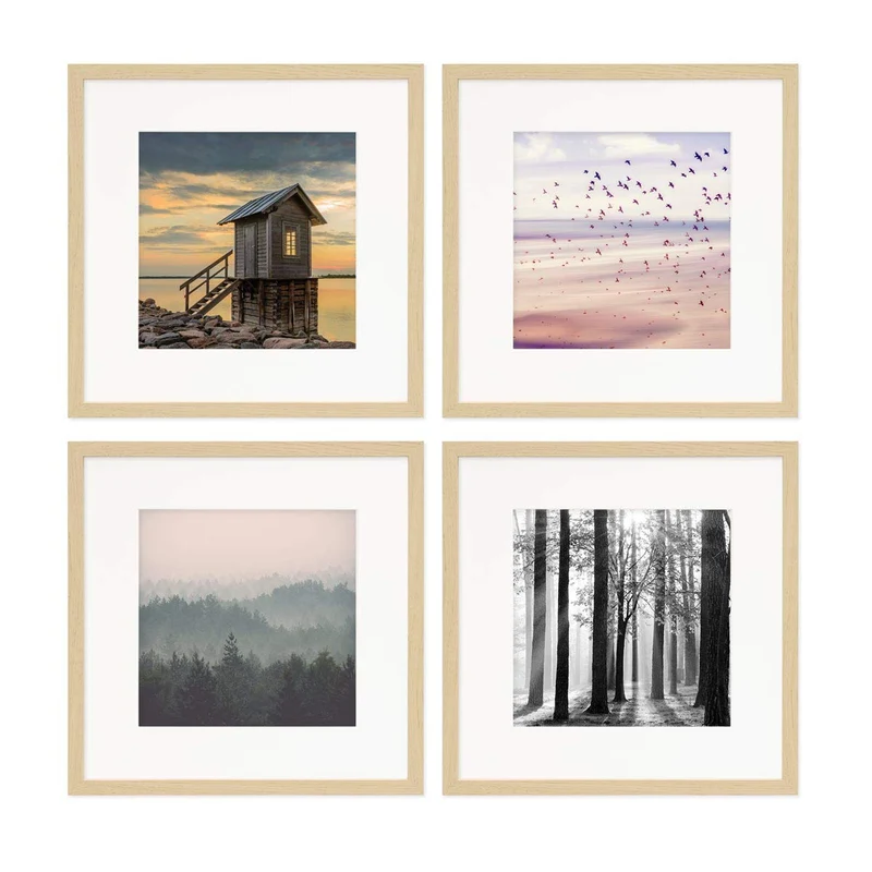 PHOTOLINI Bilderrahmen 30x30 cm MDF-Holz Natur, 4er Set Posterrahmen mit Passepartout, bruchsicheres