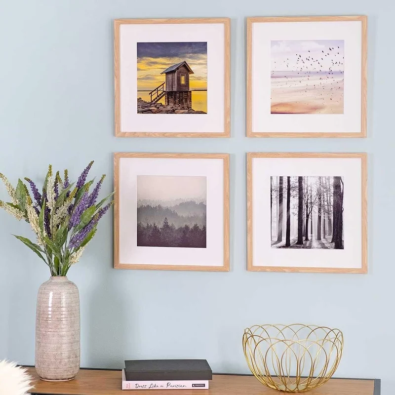 PHOTOLINI Bilderrahmen 30x30 cm MDF-Holz Natur, 4er Set Posterrahmen mit Passepartout, bruchsicheres