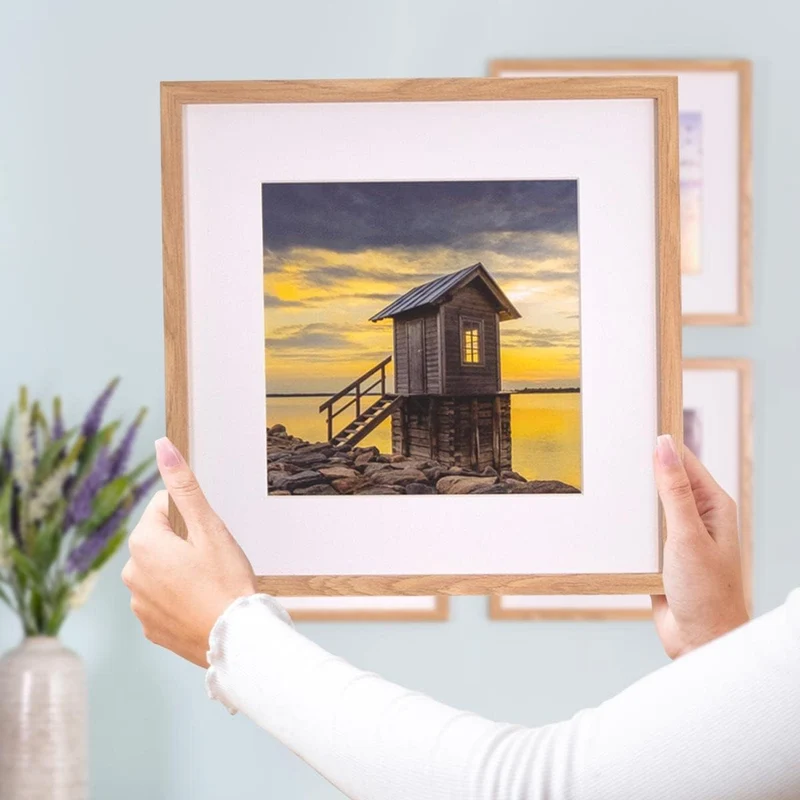 PHOTOLINI Bilderrahmen 30x30 cm MDF-Holz Natur, 4er Set Posterrahmen mit Passepartout, bruchsicheres
