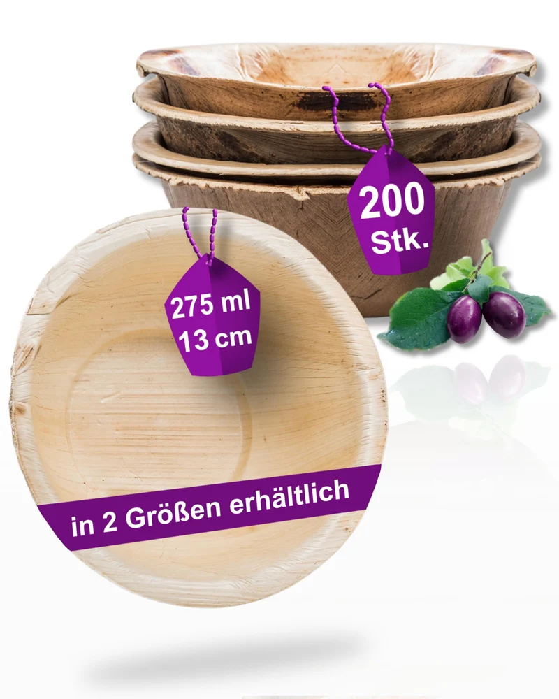 Waipur Bio Palmblattschalen - 200 Schalen Ø 13 cm / 275 ml - Premium Einweg Geschirr kompostierbar -