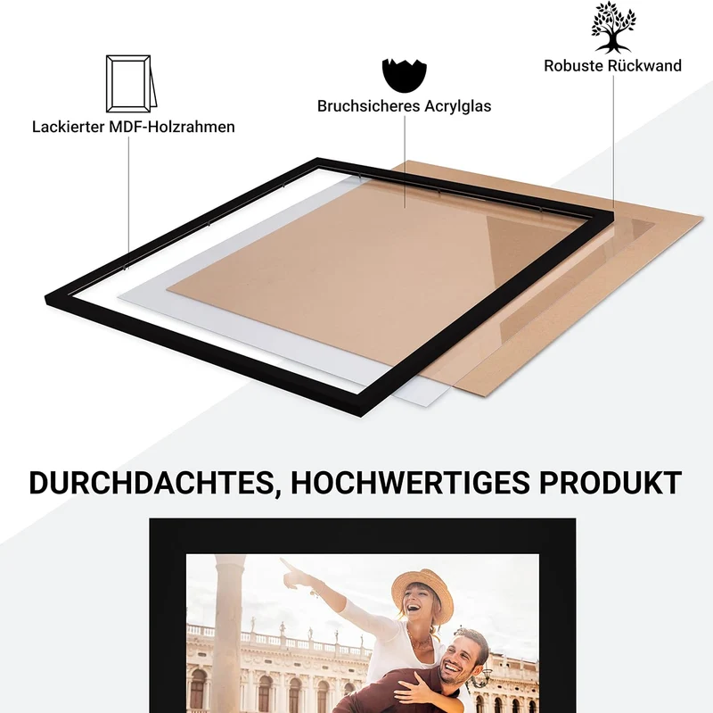 CABBEL Dreierpack (3 Stk.) Bilderrahmen 30x30 cm MDF Holz-Rahmen in Schwarz | mit bruchsicherem Plex