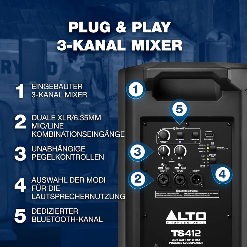 Alto Professional TS412–2500W 12" Aktiver PA-Lautsprecher mit 3- Kanal Mixer, Bluetooth-Streaming, d