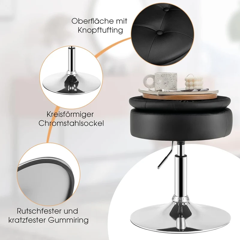 GOPLUS Schminkhocker drehbar, Ottomane mit Deckel, Drehhocker höhenverstellbar 51-56cm für Wohnzimme