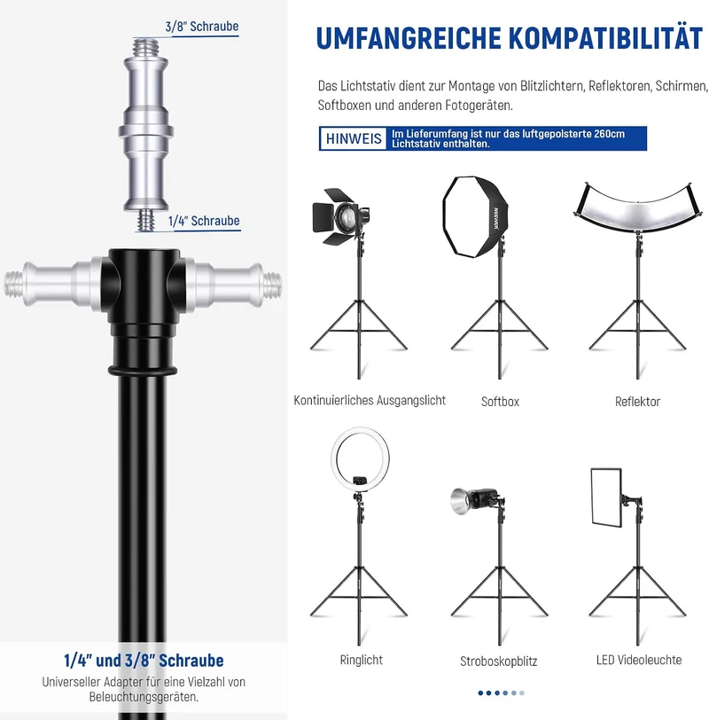 NEEWER 2,6m Lichtstativ, Luftgepolstertes Heavy Duty Metallstativ für Ringlicht Fotografie Lampen mi