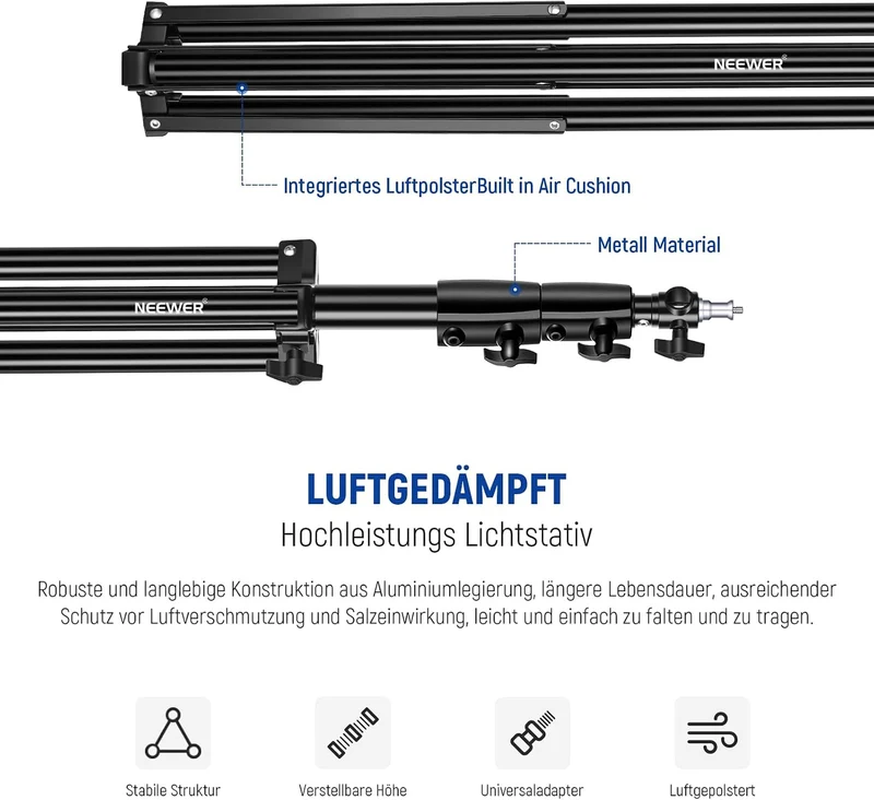 NEEWER 2,6m Lichtstativ, Luftgepolstertes Heavy Duty Metallstativ für Ringlicht Fotografie Lampen mi