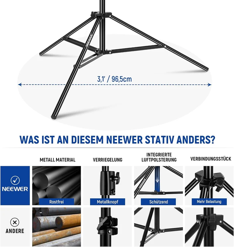 NEEWER 2,6m Lichtstativ, Luftgepolstertes Heavy Duty Metallstativ für Ringlicht Fotografie Lampen mi