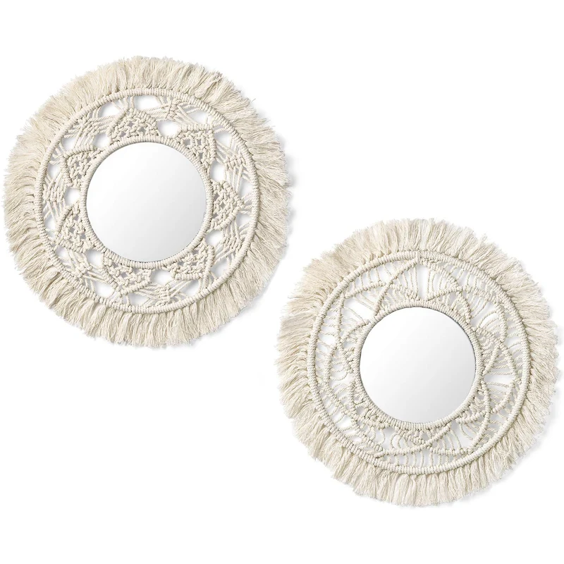 Mkouo 2er Set Hängender Wandspiegel mit Makramee-Rund Decorative Spiegel Wanddeko Klein Boho Style f