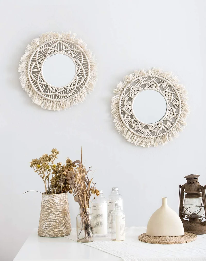 Mkouo 2er Set Hängender Wandspiegel mit Makramee-Rund Decorative Spiegel Wanddeko Klein Boho Style f