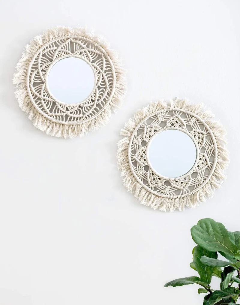 Mkouo 2er Set Hängender Wandspiegel mit Makramee-Rund Decorative Spiegel Wanddeko Klein Boho Style f