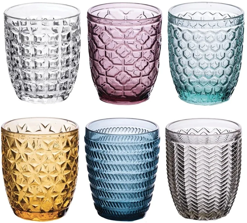 Villa d'Este Home Tivoli Geometrie Set Wassergläser aus farbigem Glas mit geprägter Verarbeitung, 24