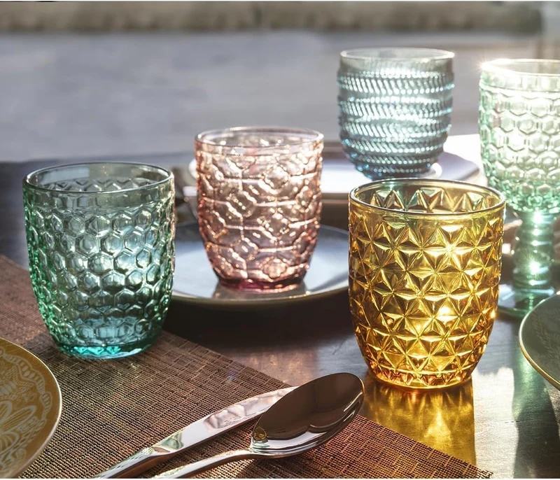 Villa d'Este Home Tivoli Geometrie Set Wassergläser aus farbigem Glas mit geprägter Verarbeitung, 24
