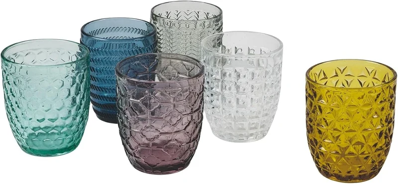 Villa d'Este Home Tivoli Geometrie Set Wassergläser aus farbigem Glas mit geprägter Verarbeitung, 24