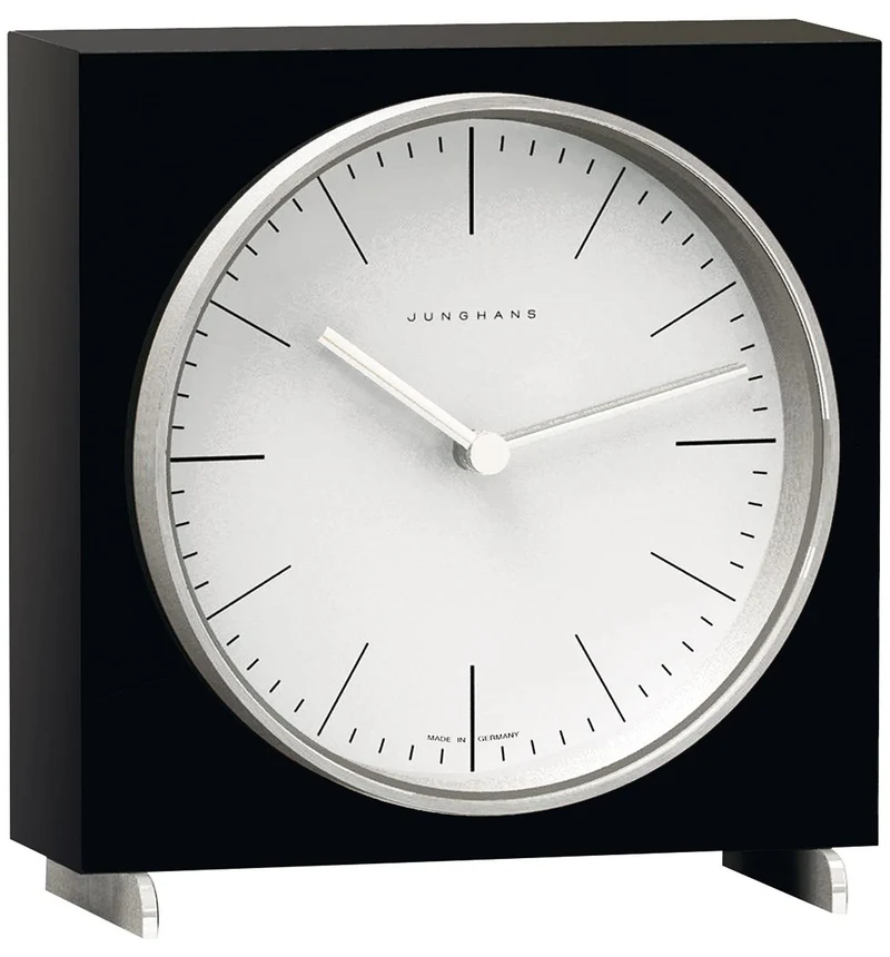 JUNGHANS / max bill Tischuhr max Bill, FUNKUHRWERK Schwarzes Holzgehäuse mit Strichblatt, schwarz, 1
