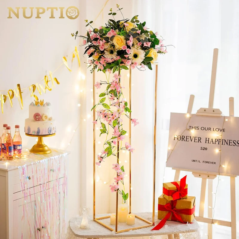 Nuptio Grosse Goldfarbene Vasen Mittelstücke – 2 Stück 100cm Hohe Blumenvasen Metall Säule Geometris