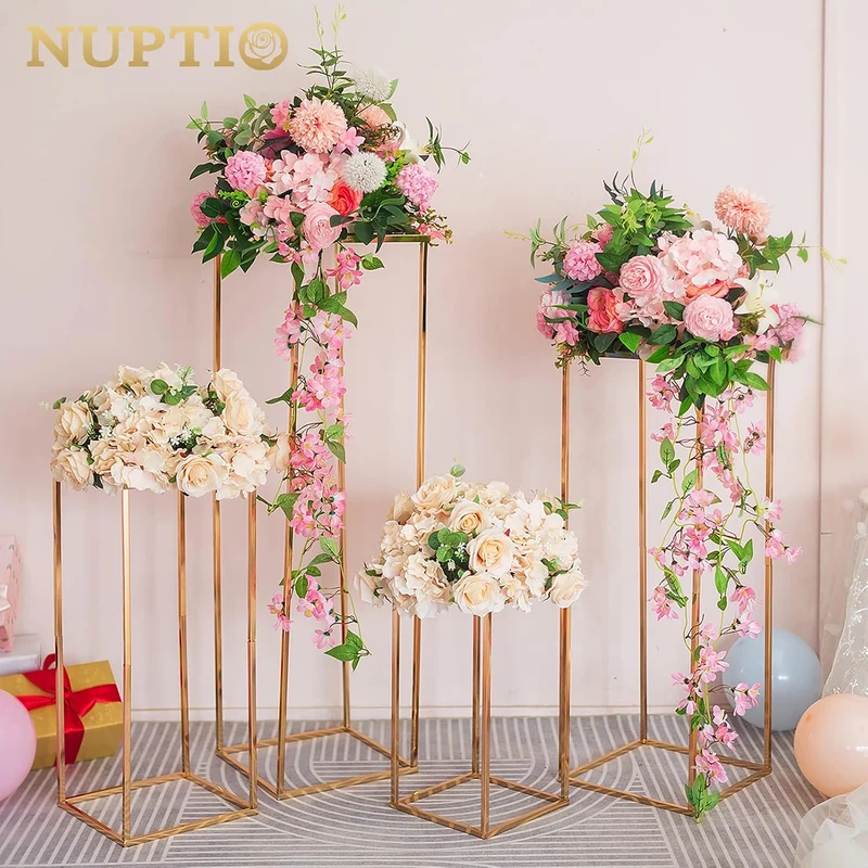 Nuptio Grosse Goldfarbene Vasen Mittelstücke – 2 Stück 100cm Hohe Blumenvasen Metall Säule Geometris