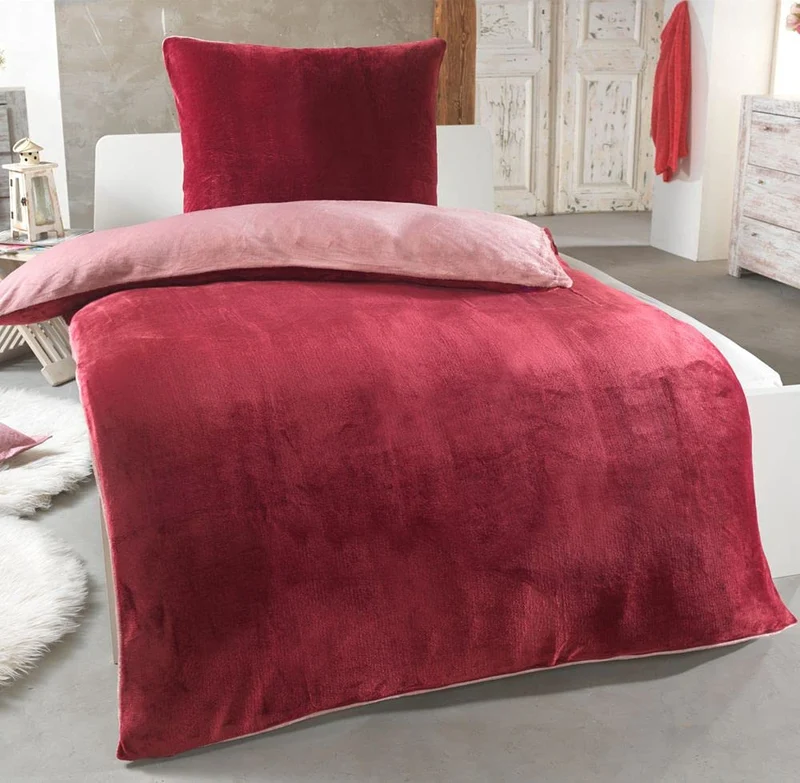 DreamHome Winter Wende Plüsch Bettwäsche 135x200 Nicky-Teddy Cashmere Touch Coral Fleece Bettdezug +