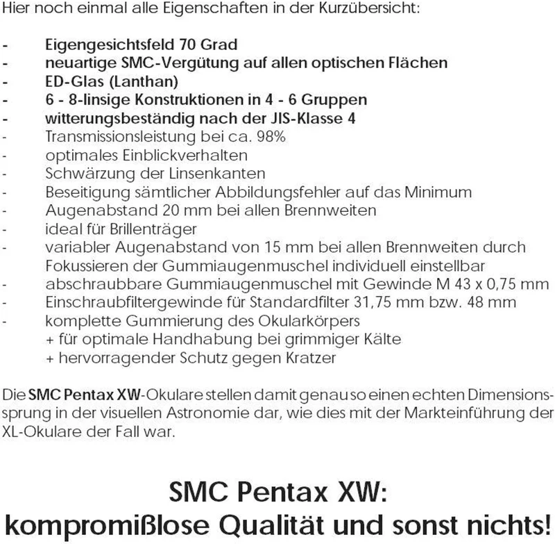 Pentax 70516 SMC-XW 20 1,25 Zoll Okular für Teleskope und Pentax Spektive 20x, 20x