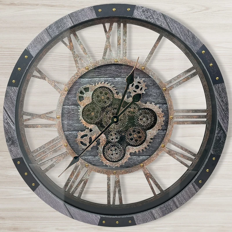 DORBOKER 60CM Grosse Vintage Wanduhr mit Beweglichen Zahnrädern, Retro Holz Gehärtete HD-Glasabdecku