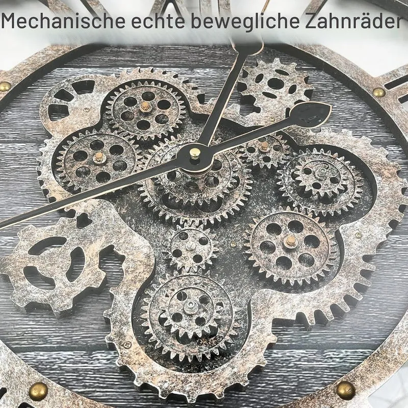 DORBOKER 60CM Grosse Vintage Wanduhr mit Beweglichen Zahnrädern, Retro Holz Gehärtete HD-Glasabdecku