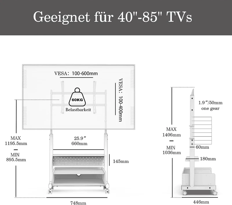 FITUEYES TV Ständer Rollbar Fernsehständer mit Rollen Bodenständer TV Rollwagen für 40-85 Zoll Ferns