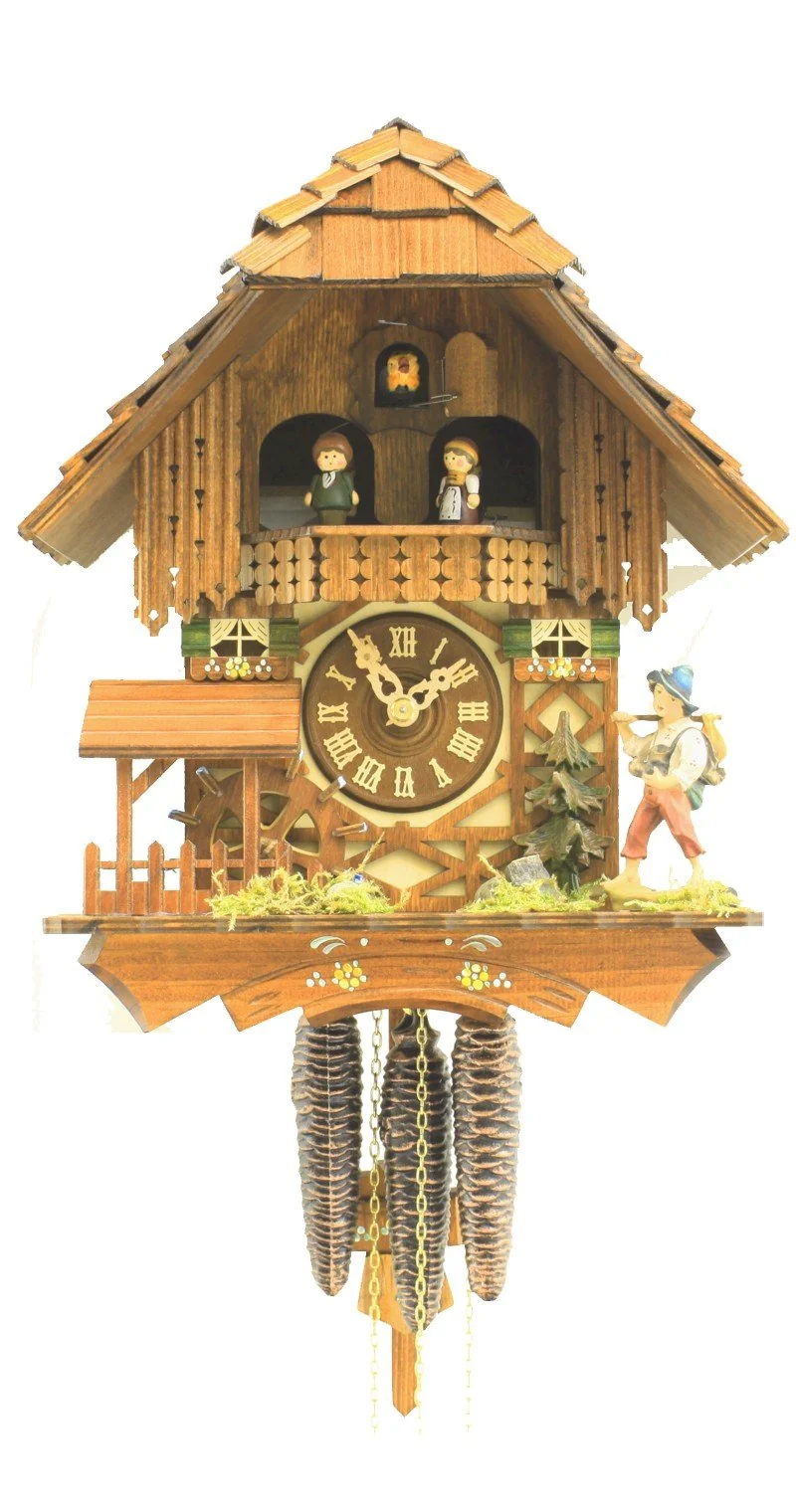 Rombach & Haas Klassische Kuckucksuhr Naturholz mit sich bewegendem Mühlrad und Tänzern 1-Tagwerk 31