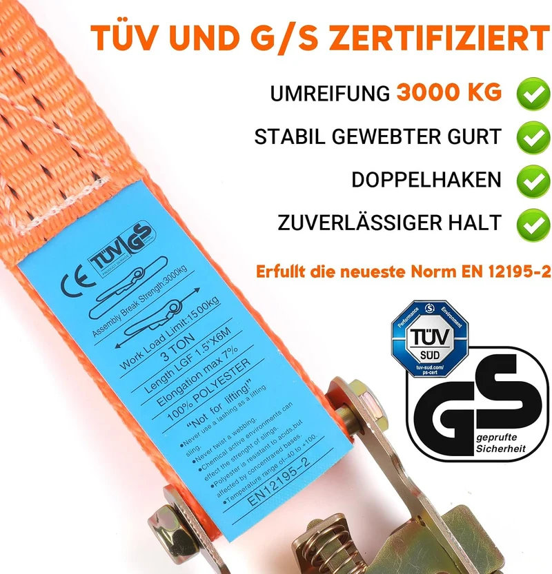 8 Stück Spanngurte mit Ratsche und Haken 2 teilig 3000kg 6m 40mm 3000 daN 3t Ratschengurte TÜV/GS Ze