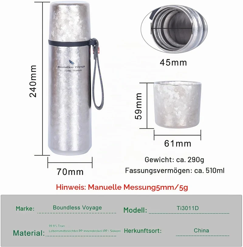 iBasingo 510ml Titan Thermos Flaschen Trinkflasche Isolierflasche Vakuum Flasche Sport Reise Kaffee