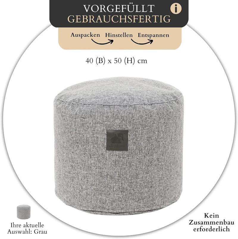 Elephant Living - Der Footstool Pouf - Premium Indoor Hocker rund - hergestellt aus hochwertigem, ve