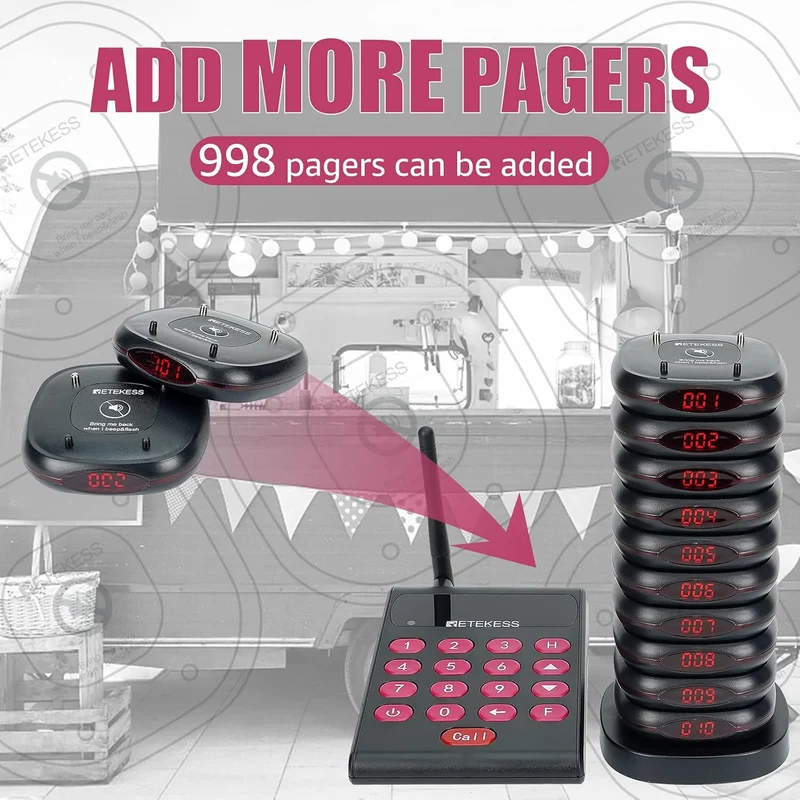 Retekess TD161 Pager Rufsystem mit Halterung, 500M Pager System mit Gebührenfreiem Tastatursender, E