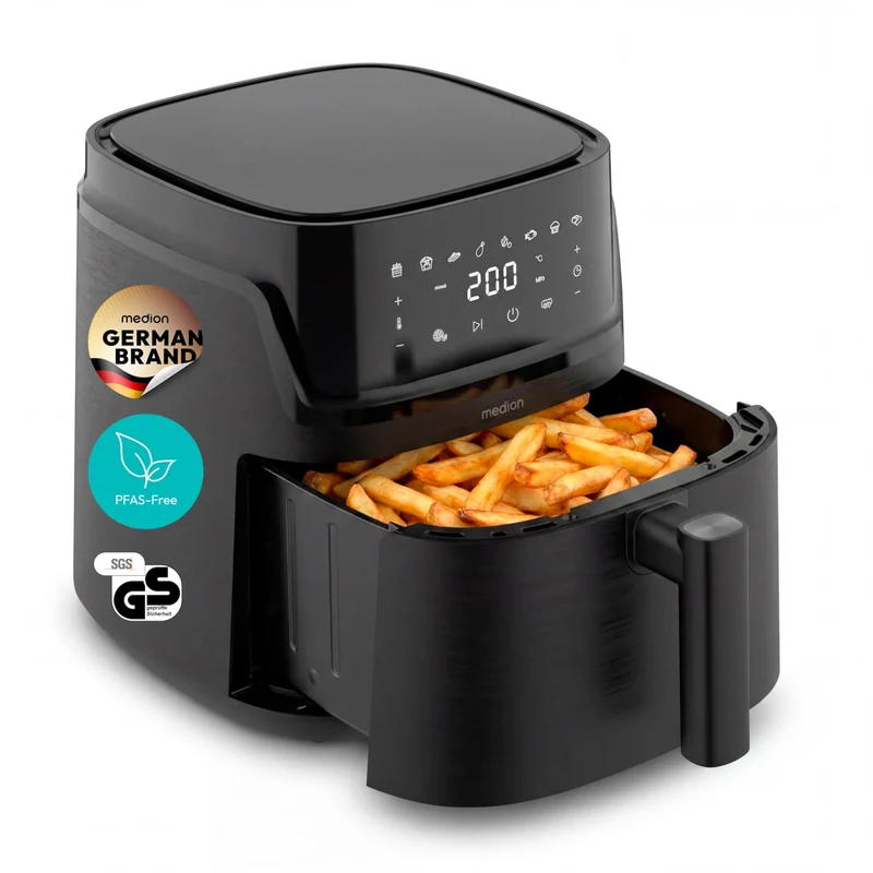 MEDION P15 XL M Airfryer Heissluftfritteuse XXL 7,2 Liter - PFAS-frei Schwarz, Schwarz