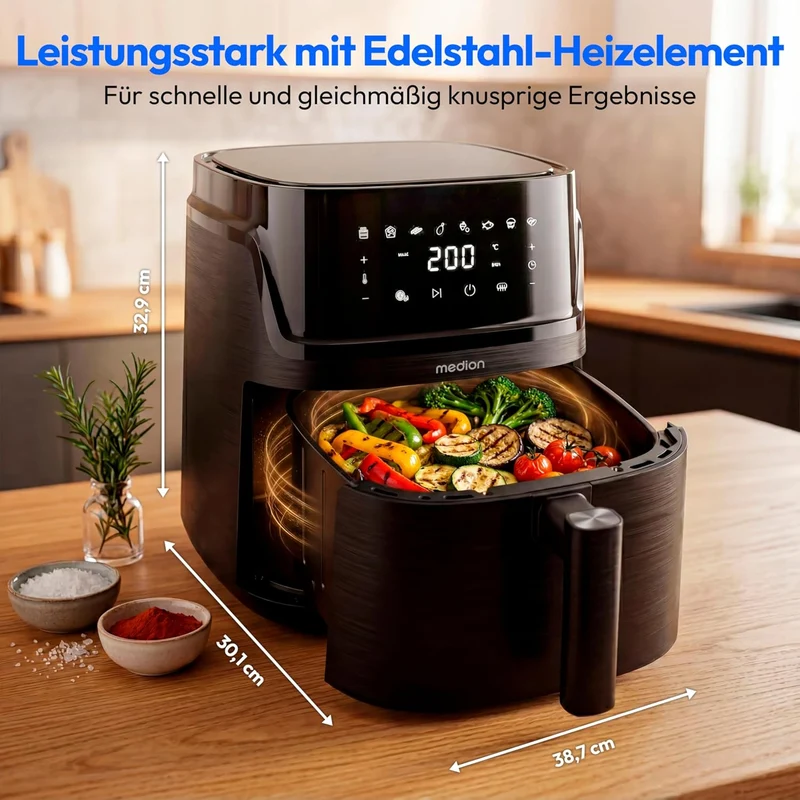 MEDION P15 XL M Airfryer Heissluftfritteuse XXL 7,2 Liter - PFAS-frei Schwarz, Schwarz