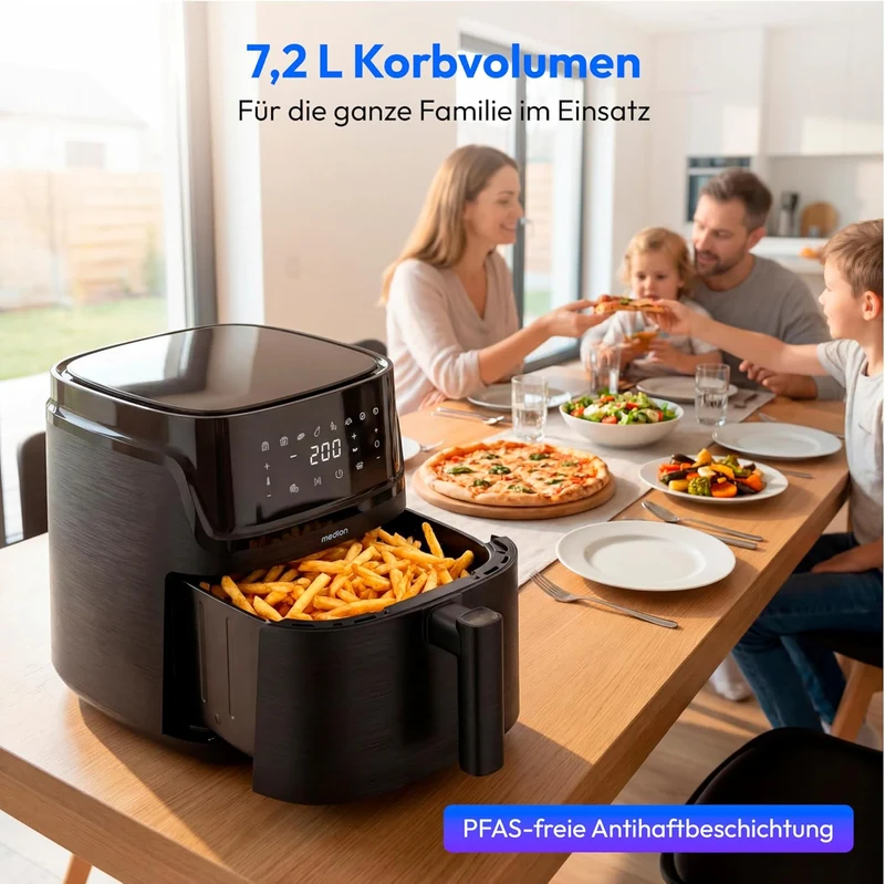 MEDION P15 XL M Airfryer Heissluftfritteuse XXL 7,2 Liter - PFAS-frei Schwarz, Schwarz