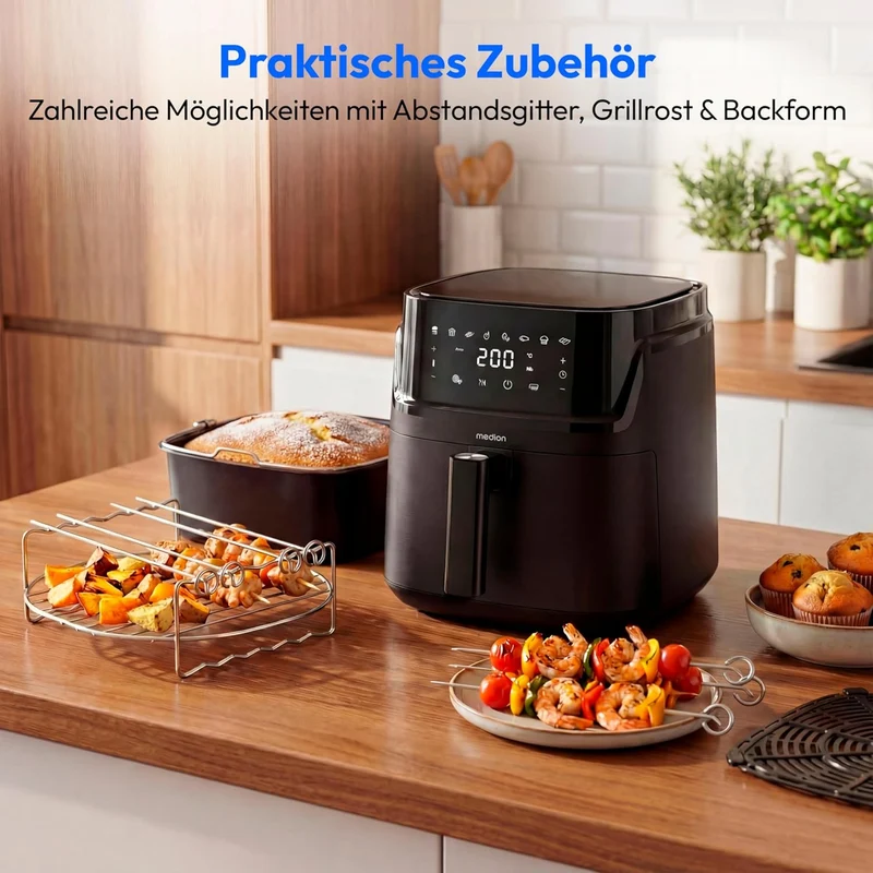 MEDION P15 XL M Airfryer Heissluftfritteuse XXL 7,2 Liter - PFAS-frei Schwarz, Schwarz