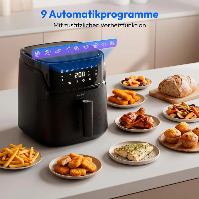 MEDION P15 XL M Airfryer Heissluftfritteuse XXL 7,2 Liter - PFAS-frei Schwarz, Schwarz