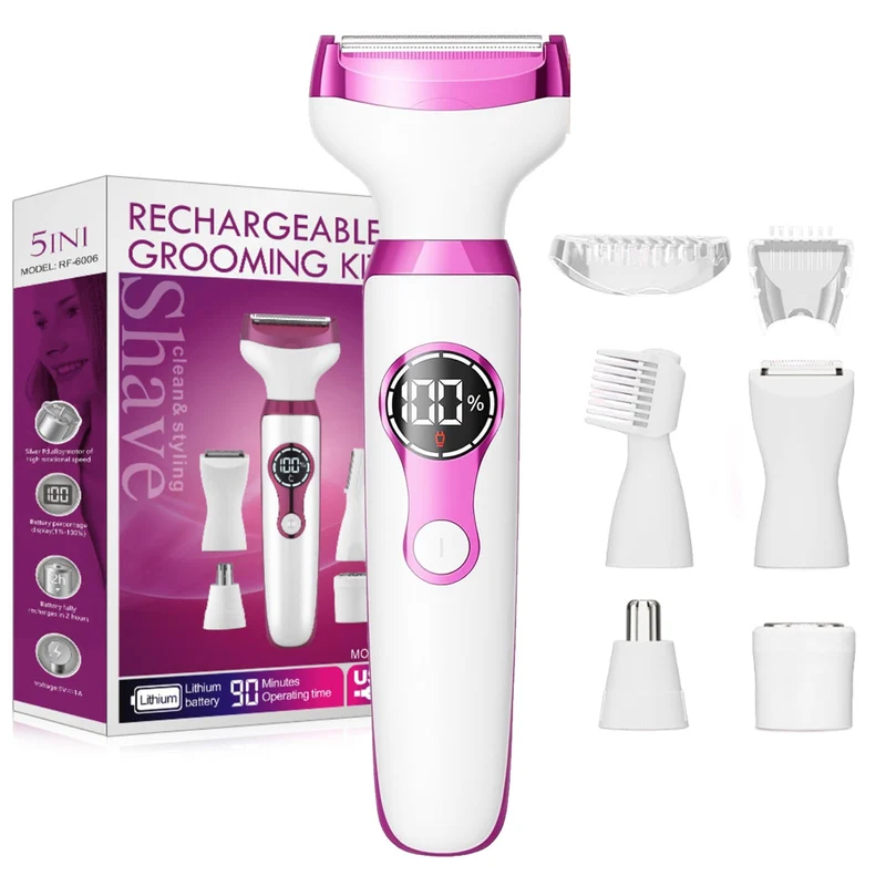Rasierer Damen 5-in-1 Intimrasierer mit 5 Wechselköpfen, IPX7 wasserdicht USB-C Aufladung 600mAh Akk