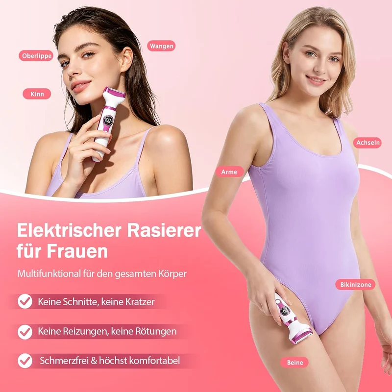 Rasierer Damen 5-in-1 Intimrasierer mit 5 Wechselköpfen, IPX7 wasserdicht USB-C Aufladung 600mAh Akk