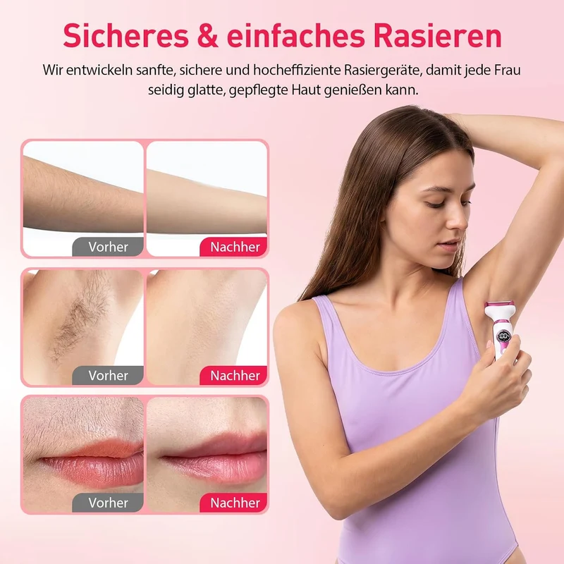 Rasierer Damen 5-in-1 Intimrasierer mit 5 Wechselköpfen, IPX7 wasserdicht USB-C Aufladung 600mAh Akk