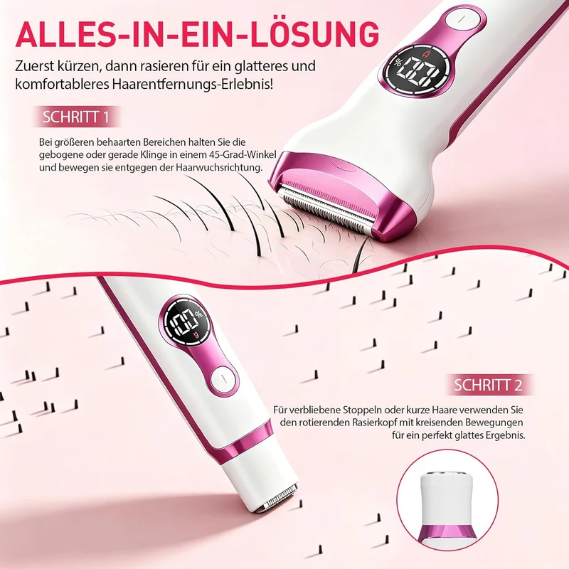 Rasierer Damen 5-in-1 Intimrasierer mit 5 Wechselköpfen, IPX7 wasserdicht USB-C Aufladung 600mAh Akk
