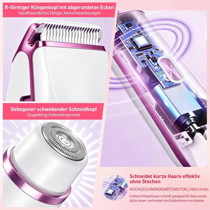 Rasierer Damen 5-in-1 Intimrasierer mit 5 Wechselköpfen, IPX7 wasserdicht USB-C Aufladung 600mAh Akk
