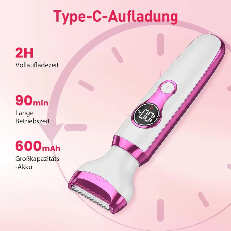 Rasierer Damen 5-in-1 Intimrasierer mit 5 Wechselköpfen, IPX7 wasserdicht USB-C Aufladung 600mAh Akk