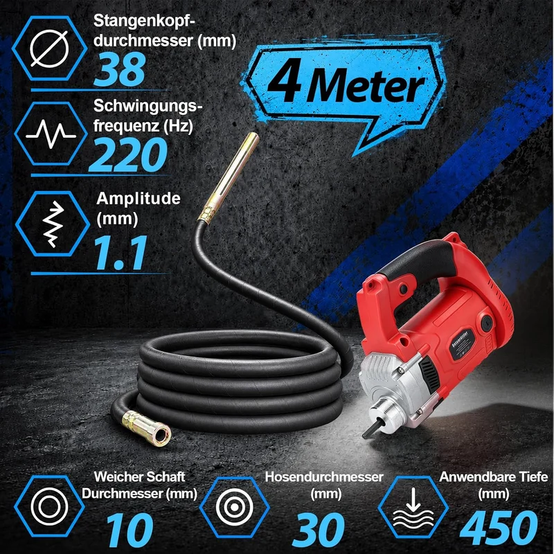 2800W Betonrüttler mit 38mm 4m Kabel Betonverdichter, 6800U/min Betonrüttler mit 4m Kabel, Betonrütt
