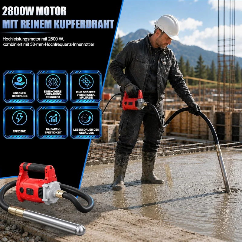 2800W Betonrüttler mit 38mm 4m Kabel Betonverdichter, 6800U/min Betonrüttler mit 4m Kabel, Betonrütt