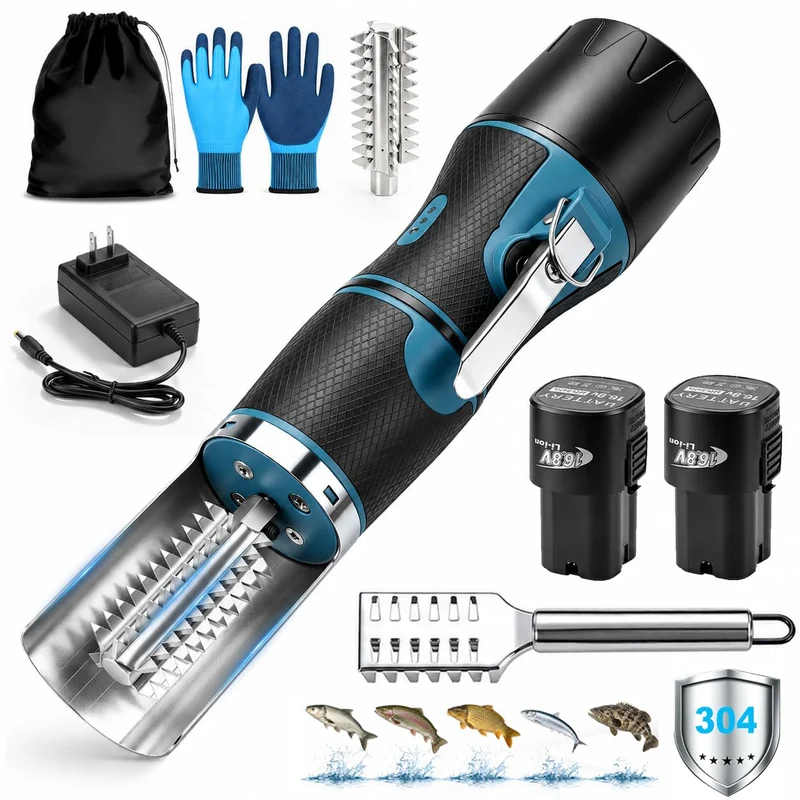 650W Elektrisch Fischentschupper mit Schutzhaube Wasserdicht aus Edelstahl Mit 2x 2200mah Akku, Mit
