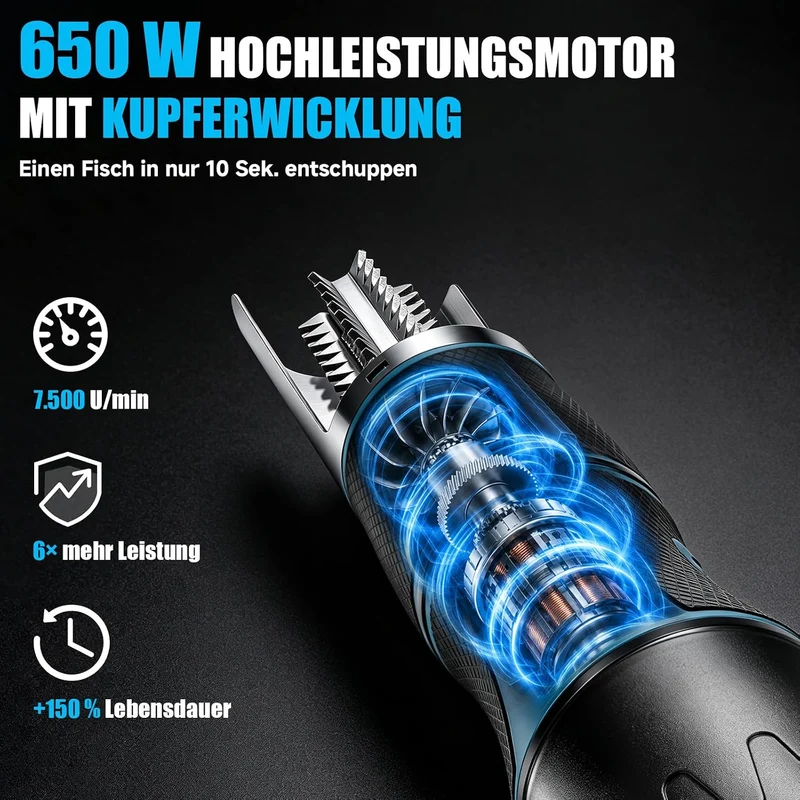 650W Elektrisch Fischentschupper mit Schutzhaube Wasserdicht aus Edelstahl Mit 2x 2200mah Akku, Mit